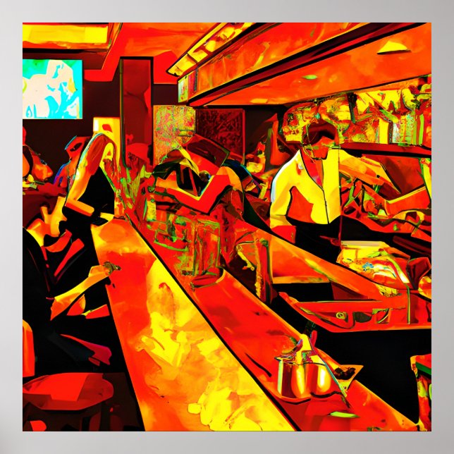Poster Scène de bar amusante | Barman et clients (Devant)
