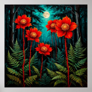 Poster Scène de forêt enchanteresse Fleurs rouges vibrant