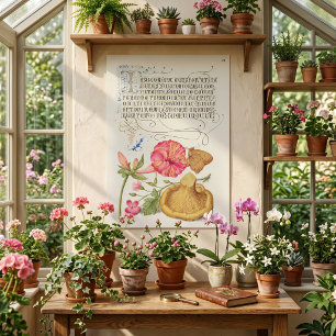 Poster Scène de jardin avec fleurs, papillon et champigno