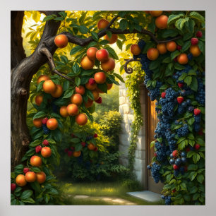 Poster Scène De Jardin Luxuriante Avec Pommes Et Raisins
