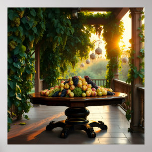 Poster Scène De Jardin Luxuriante Avec Pommes Et Raisins 