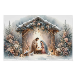 Poster Scène de la Nativité rustique avec fleurs d'hiver