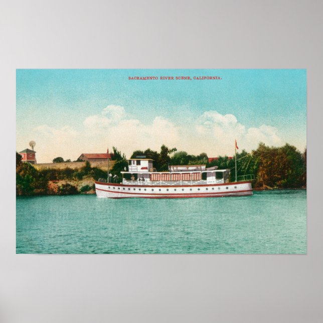 Poster Scène de la rivière Sacramento avec un bateau (Devant)