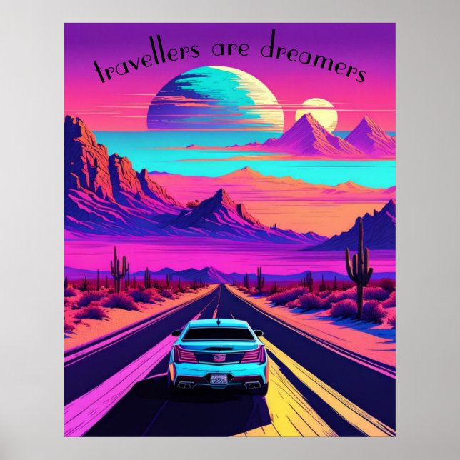 Poster Scène de la route du désert psychédélique Vaporwav (Devant)