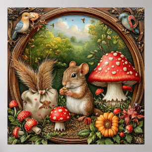 Poster Scène de nature fantaisiste avec souris et champig