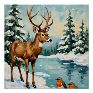 Poster Scène de Noël vintage avec cerf et rouges-gorges