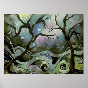 Poster scène de nuit d'arbre pleine lune peinture de soie