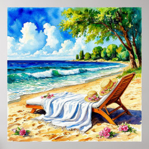 Poster Scène de plage relaxante avec chaise longue