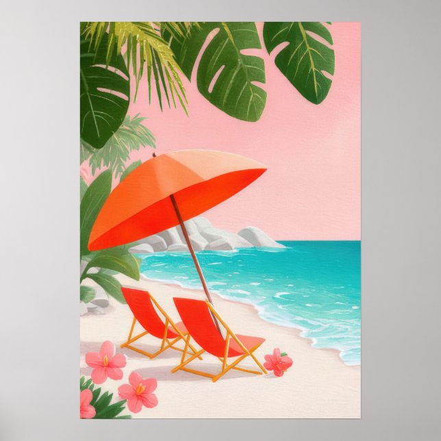 Poster Scène de plage tropicale avec chaises longues  (Devant)