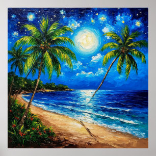 Poster Scène de plage tropicale nocturne avec palmiers