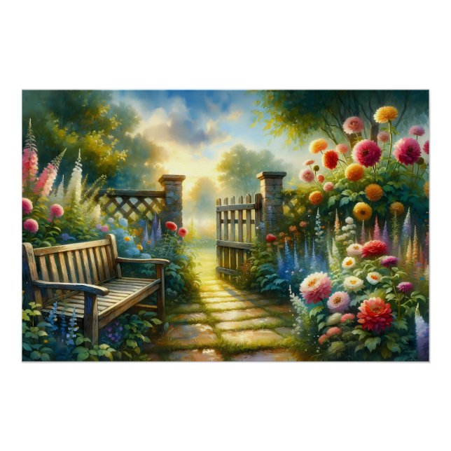 Poster Scène de porte de chemin de jardin ensoleillé (Devant)