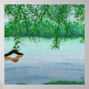Poster Scène de rivière avec des arbres et une bûche par 