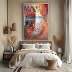 Poster Scène de rivière d'automne en style pointilliste