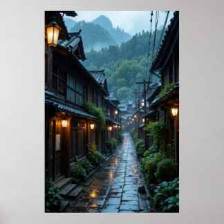 Poster Scène de rue enchantée de village japonais
