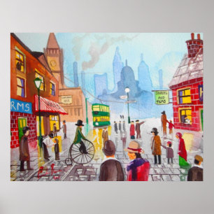 Poster Scène de rue très fréquentée tramway de penny fart