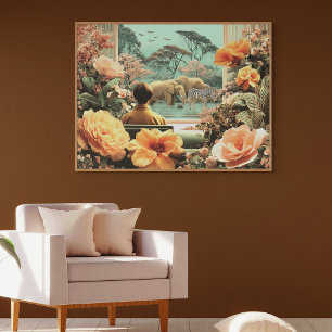 Poster Scène de safari surréaliste avec éléphants zèbres