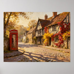 Poster Scène de village automnal dans une lumière dorée