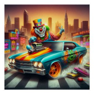 Poster Scène de voiture clown et musculaire vibrante