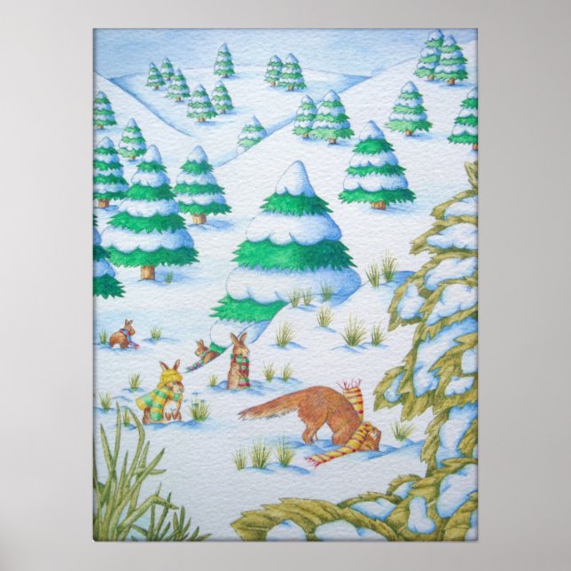 Poster scène des neiges de renards et de lapins mignons (Devant)