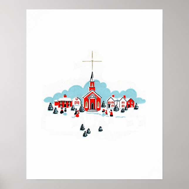 Poster Scène d'hiver avec une église rouge et l'étoile de (Devant)