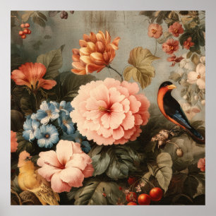 Poster Scène florale et aviaire vintage vibrante