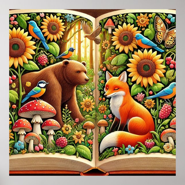 Poster Scène Forêt Avec Ours, Renard, Fleurs De Soleil (Devant)