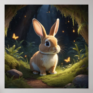 Poster Scène Forêt Magique avec lapin mignon