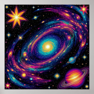 Poster Scène Galaxie Abstraite avec étoiles, planètes