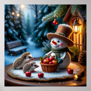 Poster Scène hivernale cosy avec bonhomme de neige et hér