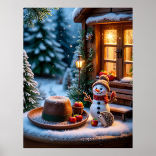 Poster Scène hivernale cosy avec bonhomme de neige et hér
