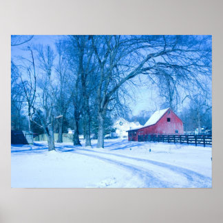 Poster Scène hivernale montrant grange rouge dans la neig