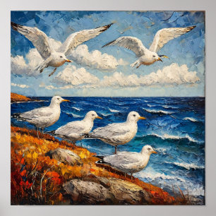 Poster Scène océanique de mouette paysage côtier scène de