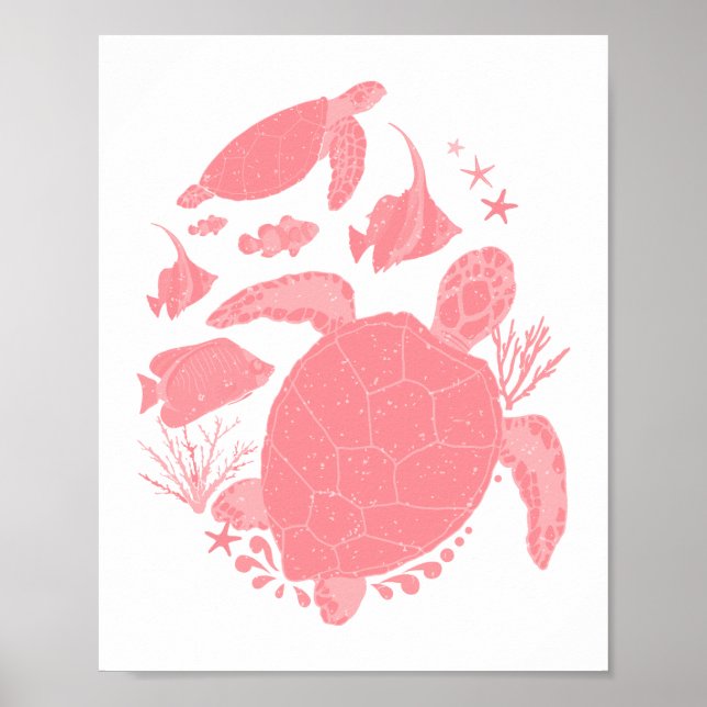 Poster Scène océanique rose pêche avec poissons et tortue (Devant)