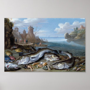 Poster Scène portuaire vintage avec poissons