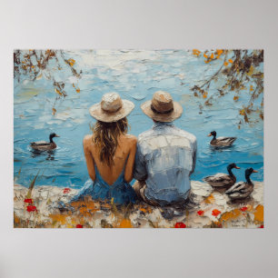 Poster Scène romantique au bord du lac avec canards et co