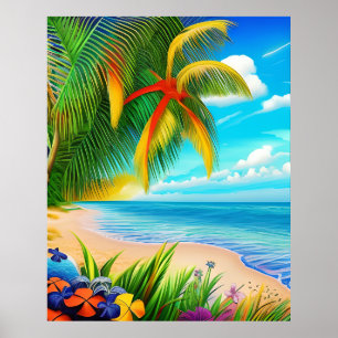 Poster Scène Tropical Beach Palm Tree