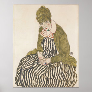 Poster Schiele - Edith avec une robe rayée assise