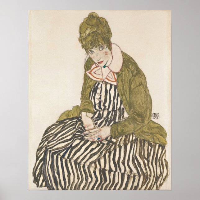Poster Schiele - Edith avec une robe rayée assise (Devant)