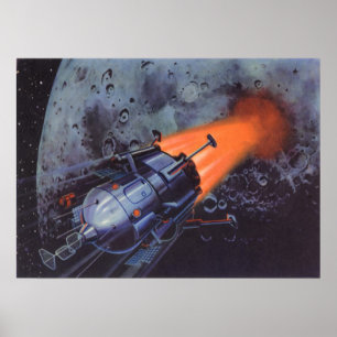 Poster Science-fiction vintage, fusée lunaire décolle