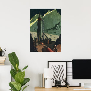 Poster Science-fiction vintage, fusée sur une planète étr