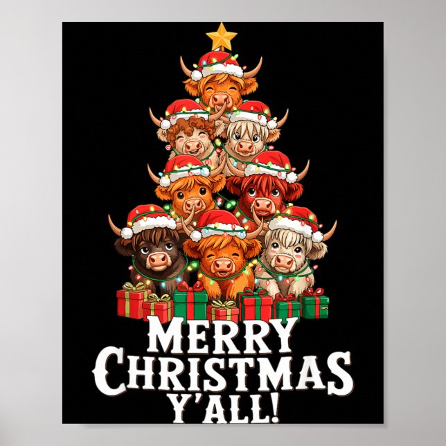 Poster Scottish Highland Cow Christmas Tree Funny Cow Lov (Devant)