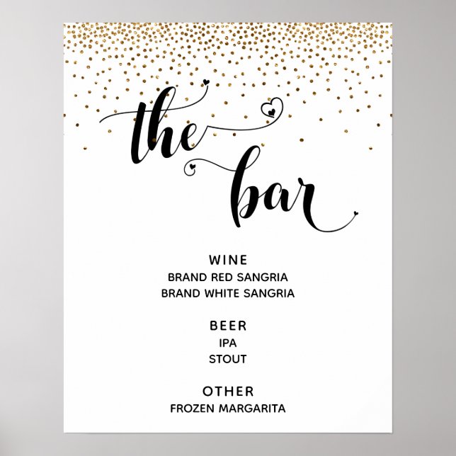 Poster Script Coeur & Gold Confetti "The Bar" Menu Sign (Devant)