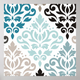 Poster Scroll Damask XLg Motif Art Teals Browns White