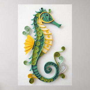Poster Sculpture de hippocampe enroulé vert et jaune fant