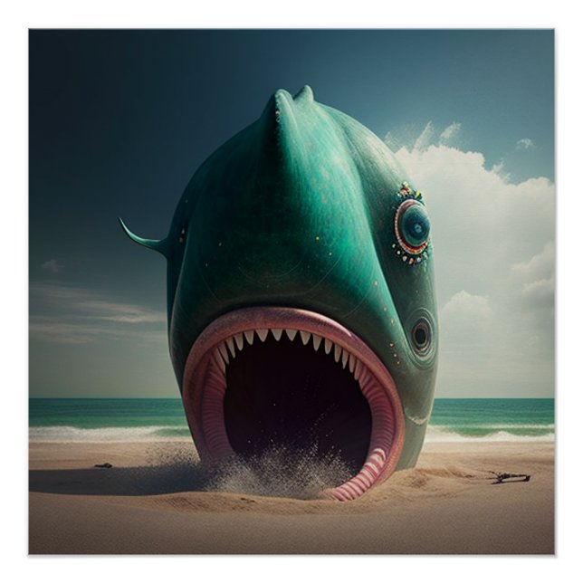 Poster Sculpture de requin sur la plage (Devant)