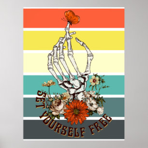 Poster Se libérer - Squelette Fleurs Papillon