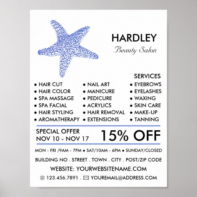 Poster Sea Blue Beach Starfish, Beauté, Salon de beauté (Devant)