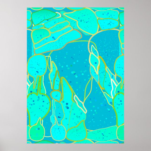 Poster "Sea Grotto" abstrait - turquoise, bleu, or (Devant)