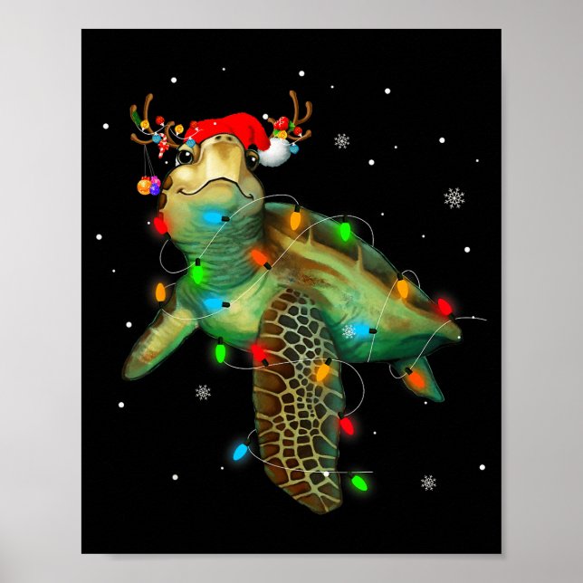 Poster Sea Turtle Christmas Lights Funny Santa Hat Merry  (Devant)