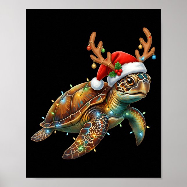 Poster Sea Turtle Christmas Lights Santa Hat Merry Christ (Devant)